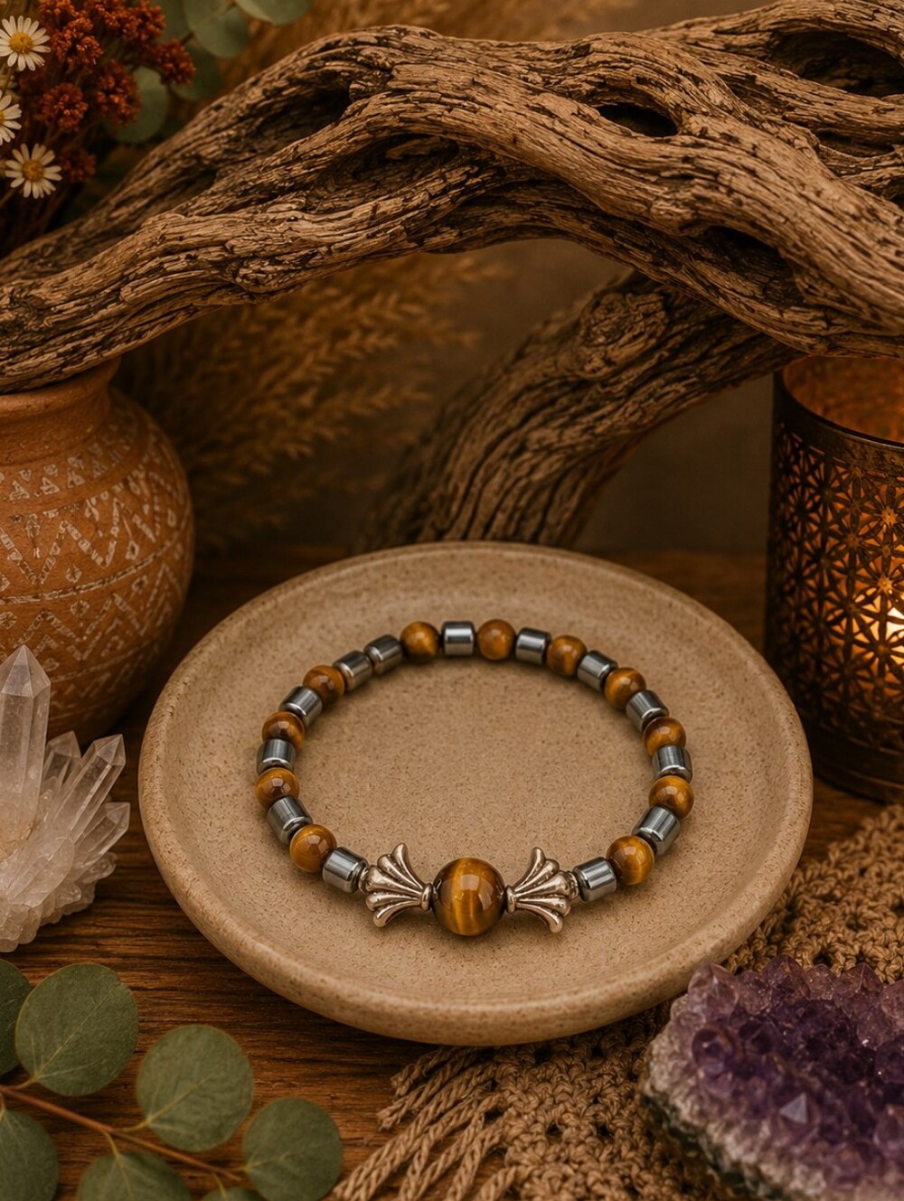 Hematite & Tiger’s Eye Stretch Bracelet, Handmade Boho Gemstone Bracelet